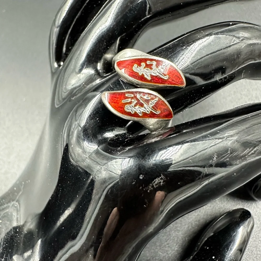 Vintage Siam Sterling Silver Red Enamel Dancers Bypass Ring Sz 7.5
